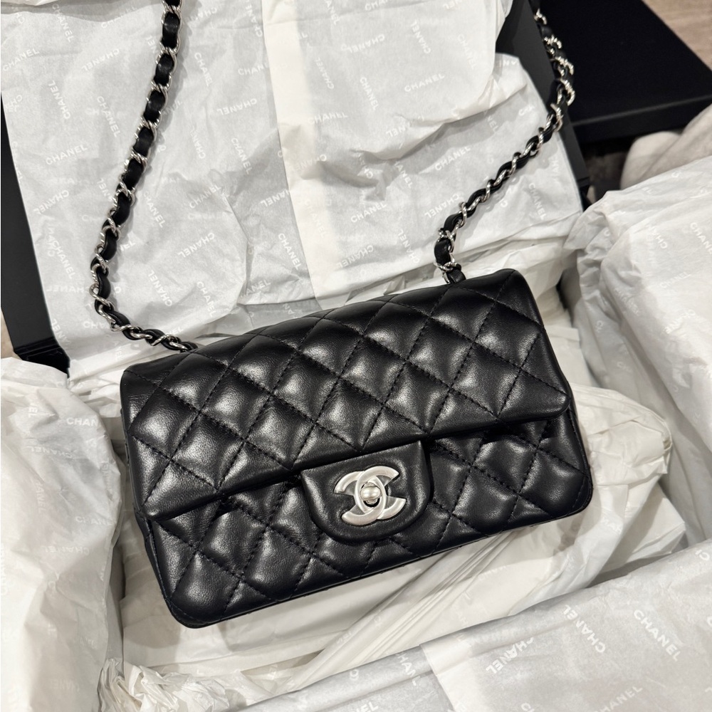 Chanel mini classic flap lambskin Black and silver Quilted Leather Bag